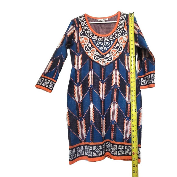 Flying Tomato Aztec Print Sweater Dress Size L Bodycon 3/4 Sleeve Blue Orange - Picture 5 of 6